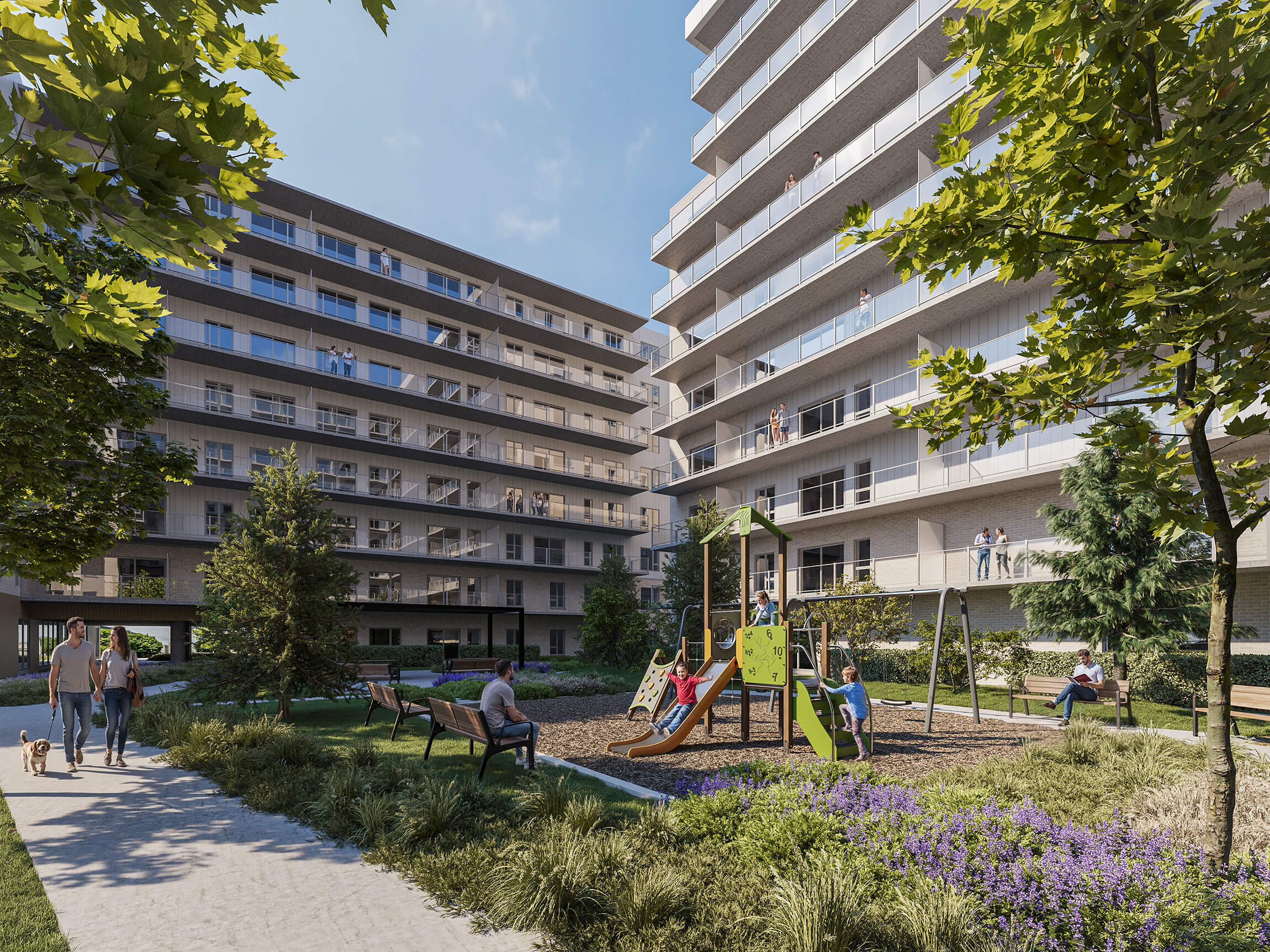 Rendu de la cour intérieure du Carré Mathieu avec module de jeux pour enfants, sentier et bancs