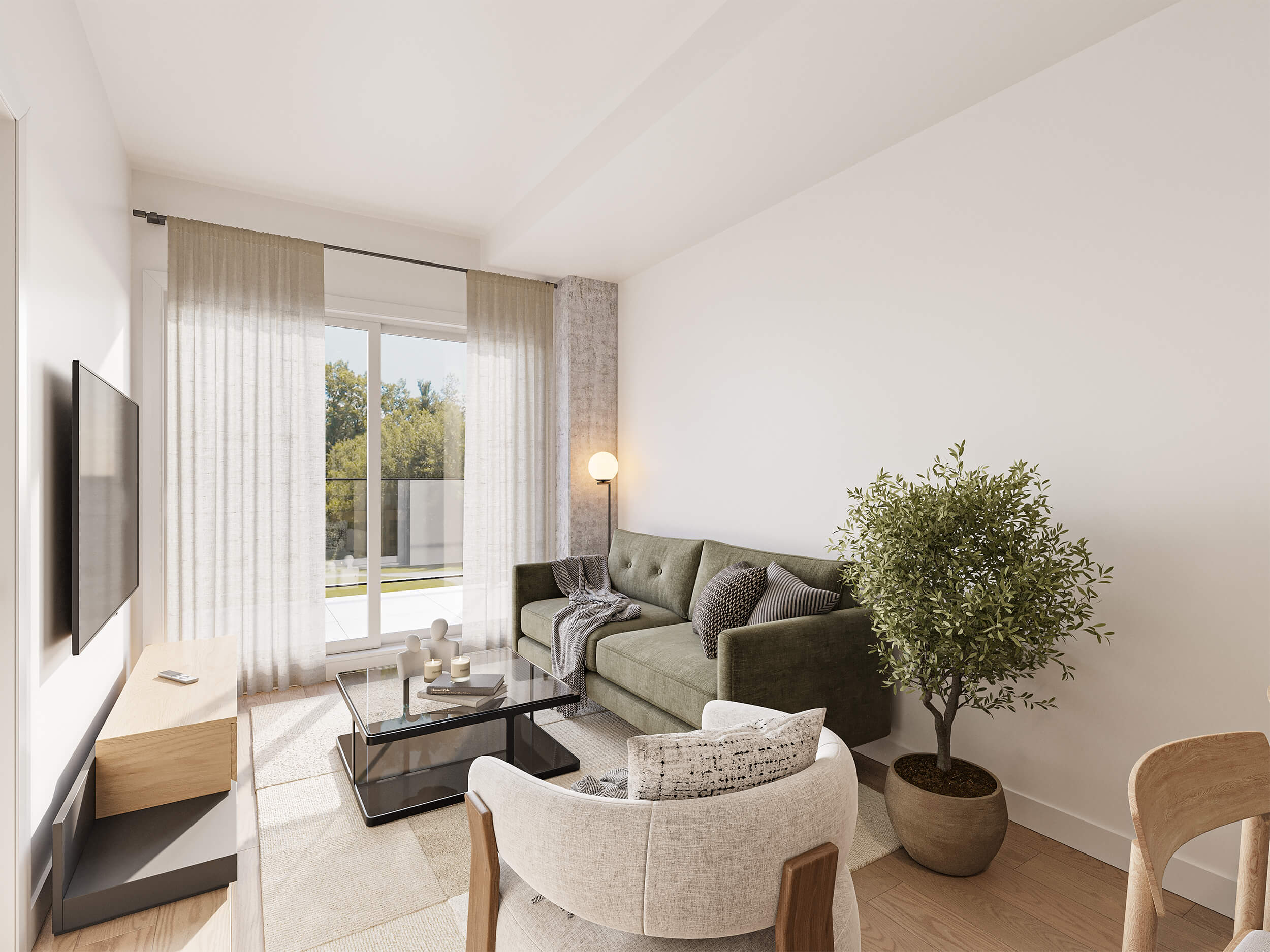 Rendu du salon d’un appartement du Carré Mathieu, avec grande fenêtre et porte-fenêtre