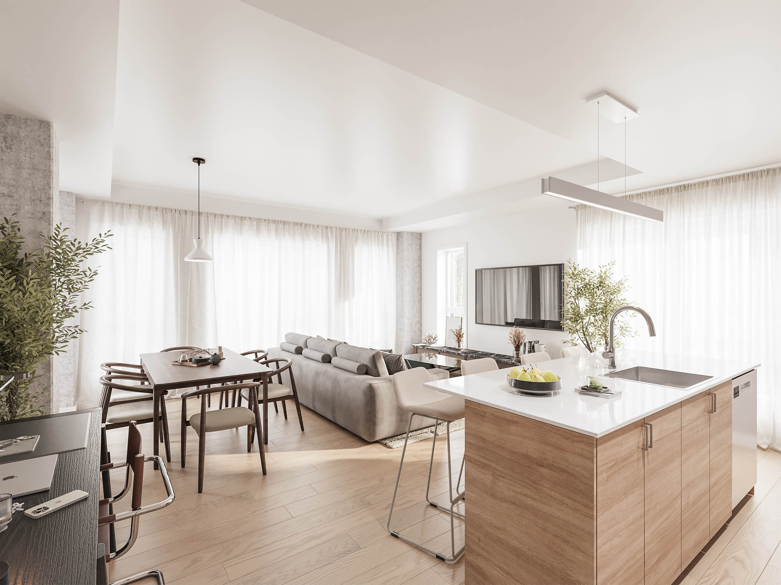 Rendu de l’aire ouverte d’un appartement du Carré Mathieu : cuisine avec îlot, salle à manger et salon