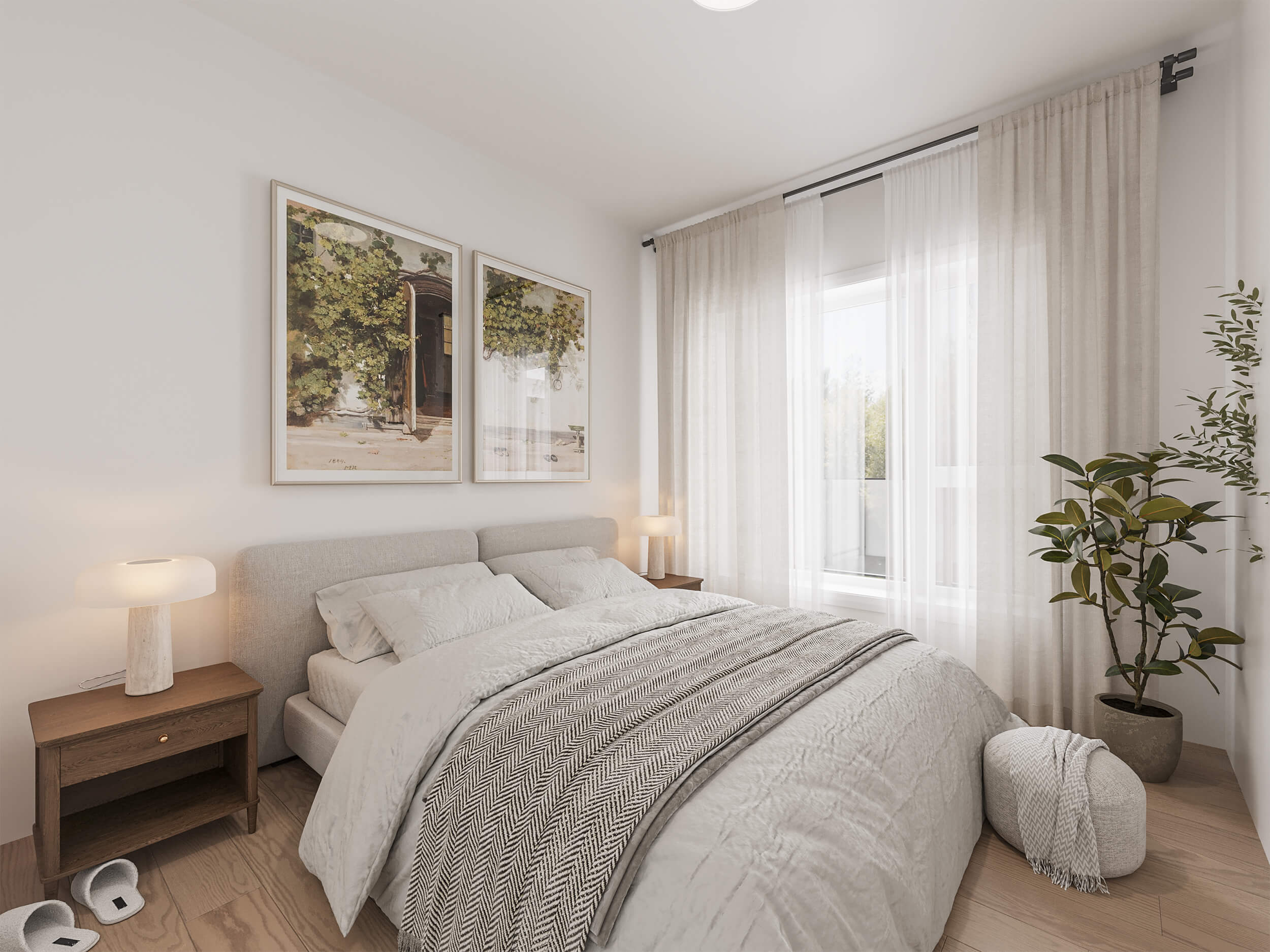 Rendu d’une chambre à coucher lumineuse dans un appartement du Carré Mathieu