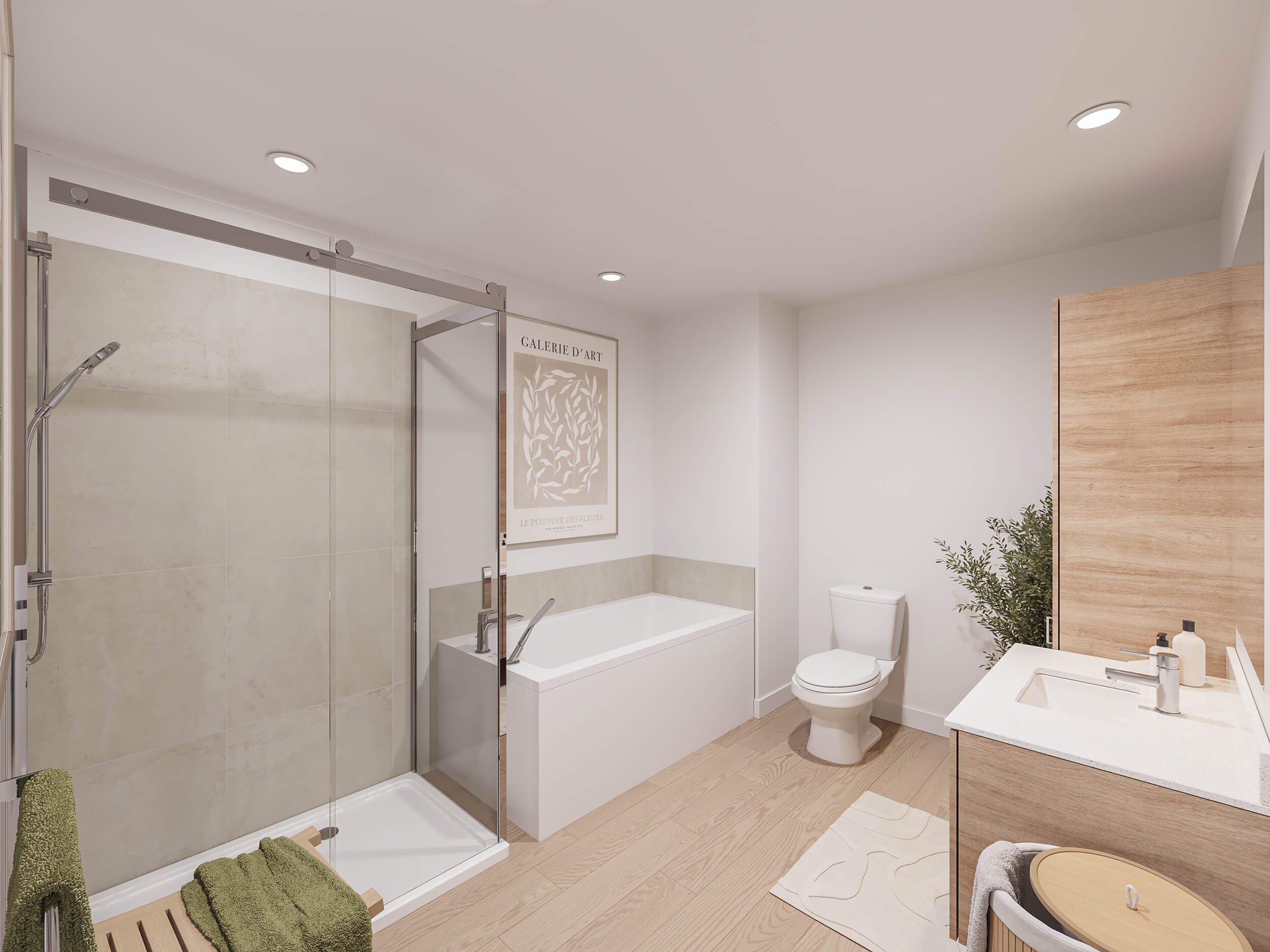 Rendu de la salle de bain d’un appartement du Carré Mathieu, avec douche vitrée et baignoire